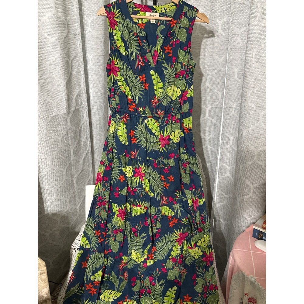 Style & Co Womens Medium Navy Blue Tropical Floral Cotton Tiered Maxi Dress
